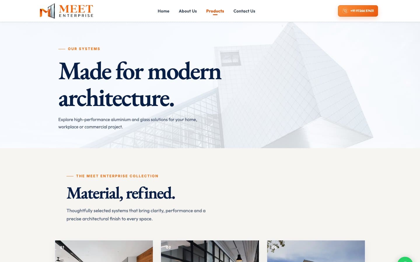 Products page introducing the Meet Enterprise collection of aluminium and glass systems