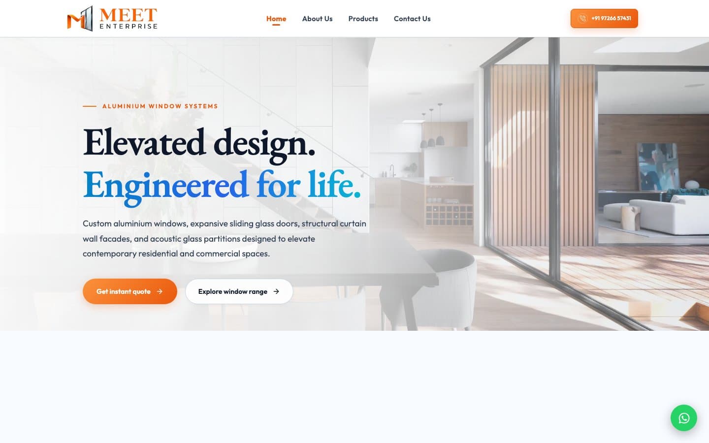 Meet Enterprise homepage with the headline "Elevated design. Engineered for life." and a quote button