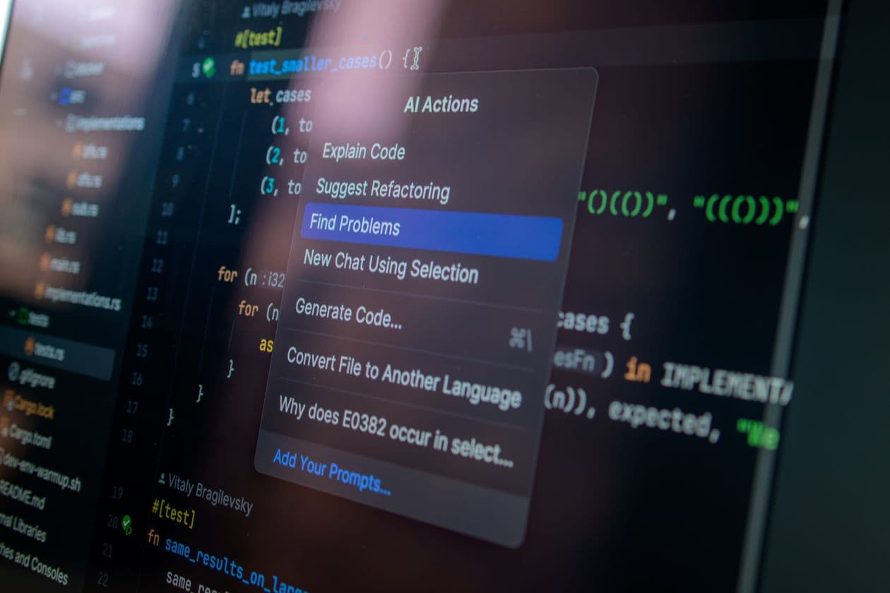 Code editor showing a menu of AI-assisted actions