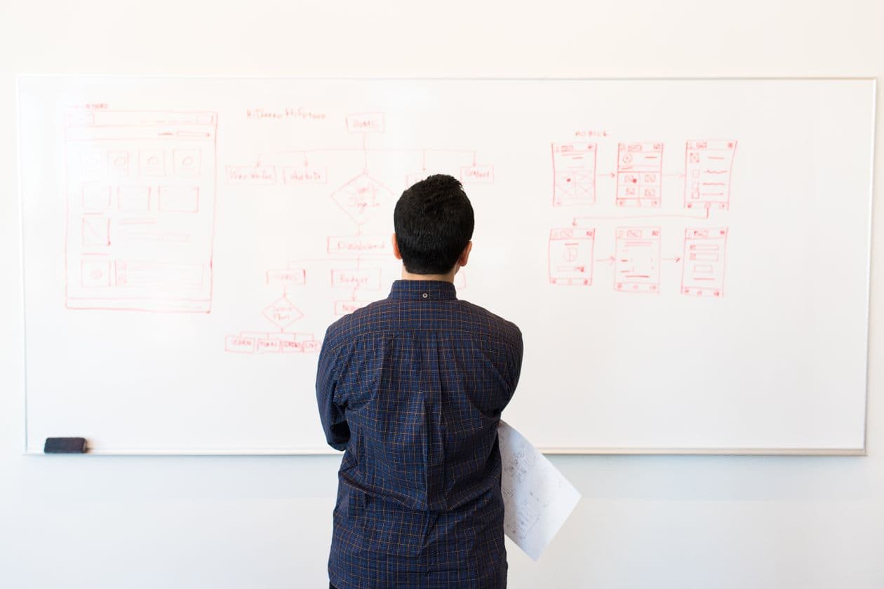 Developer studying a system diagram sketched on a whiteboard