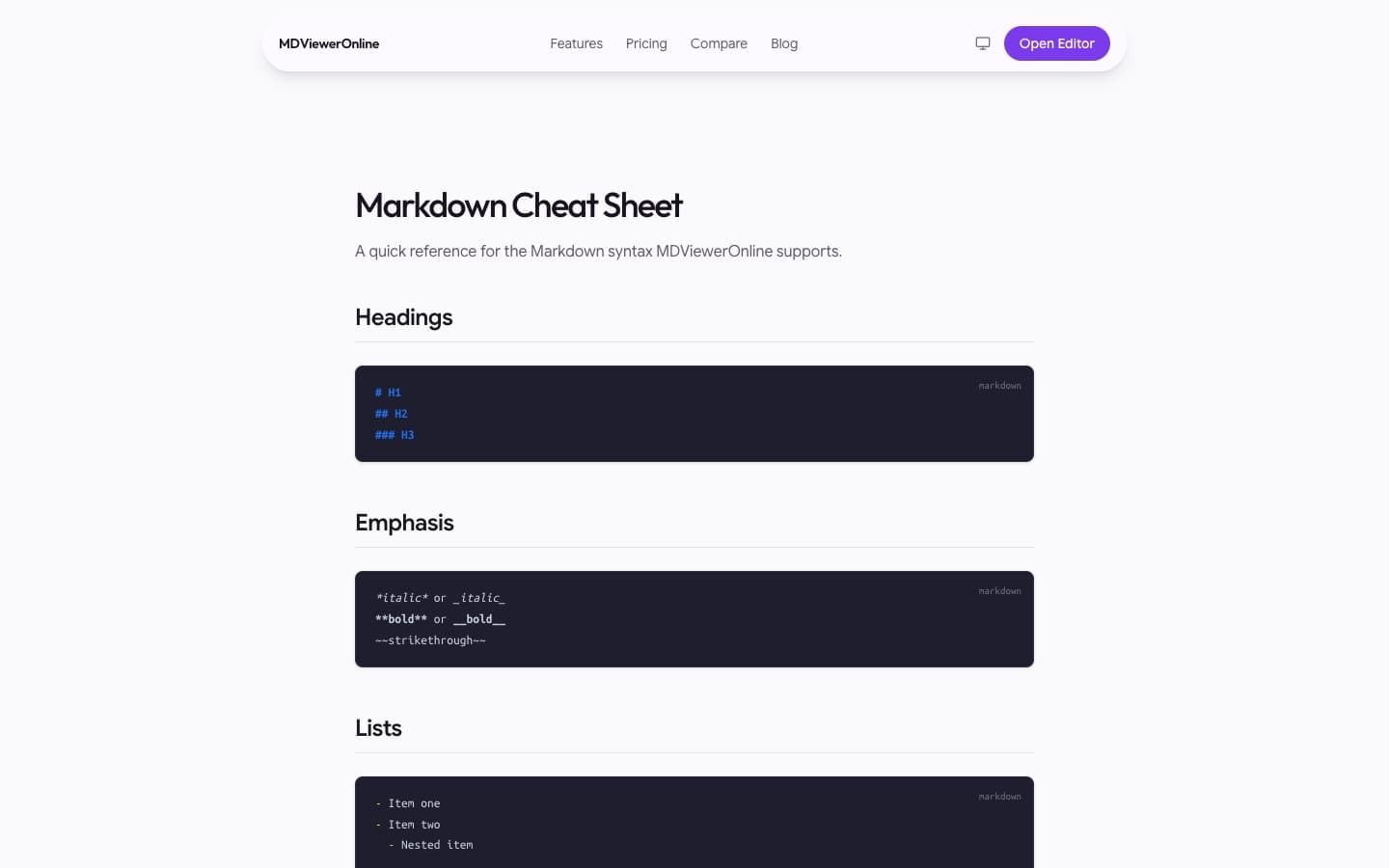 Markdown cheat sheet page