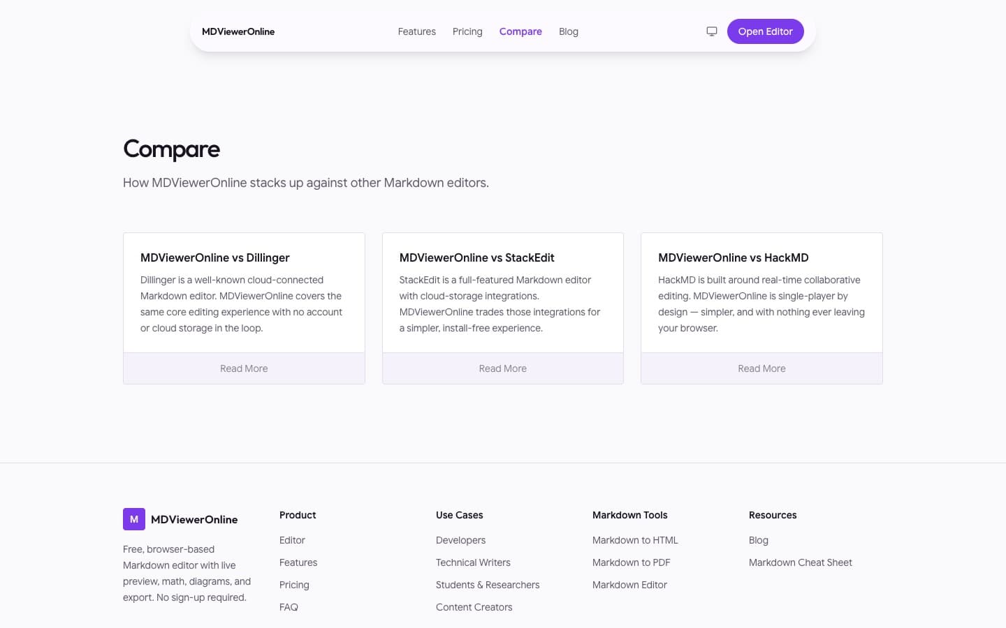 Comparison pages against Dillinger, StackEdit, and HackMD