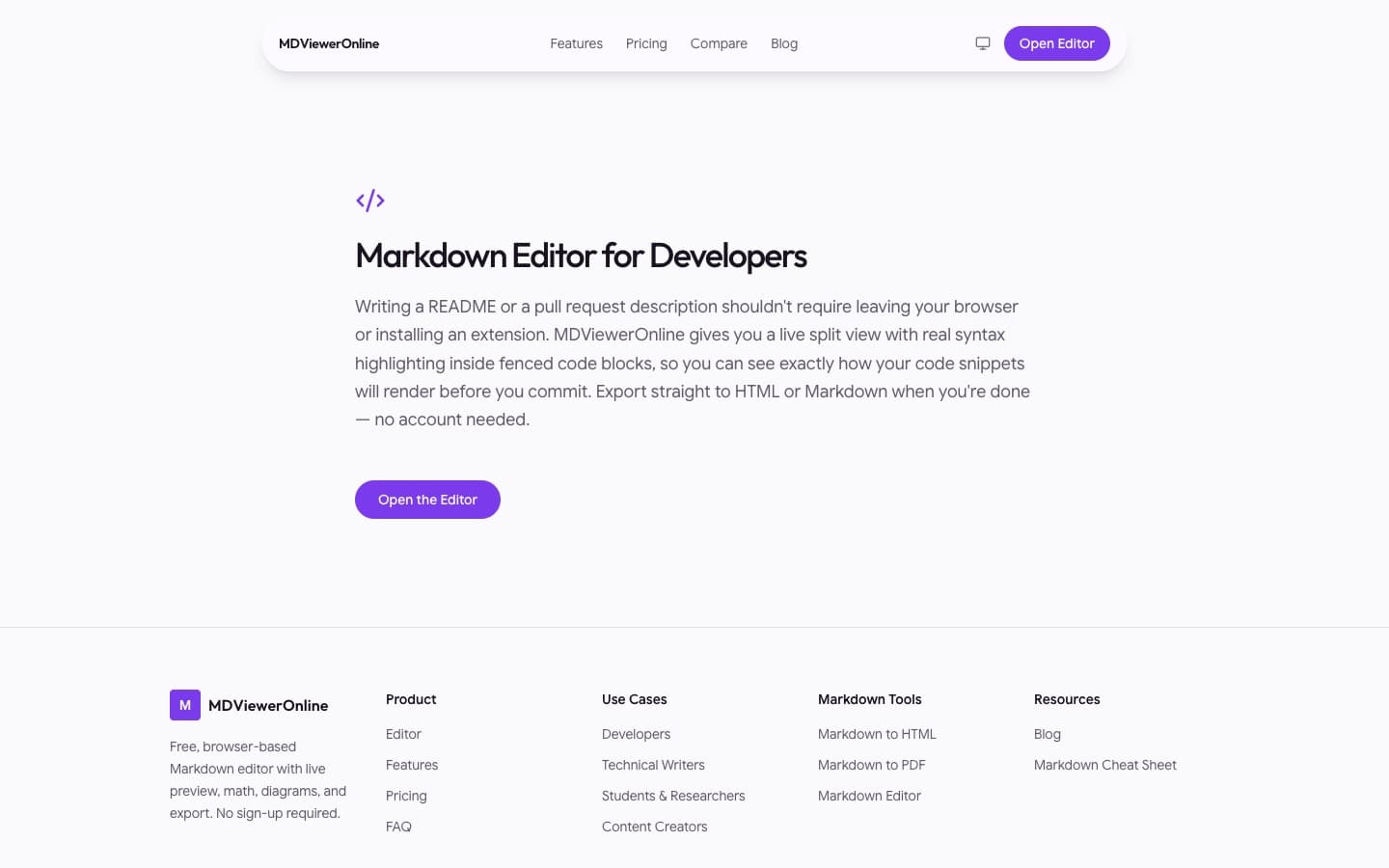 Landing page: Markdown editor for developers