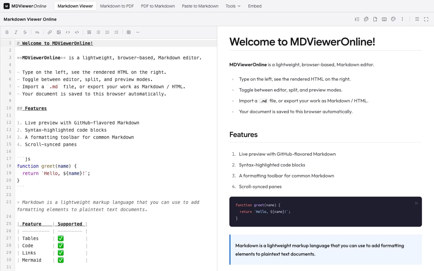 The Markdown editor with live preview at /app