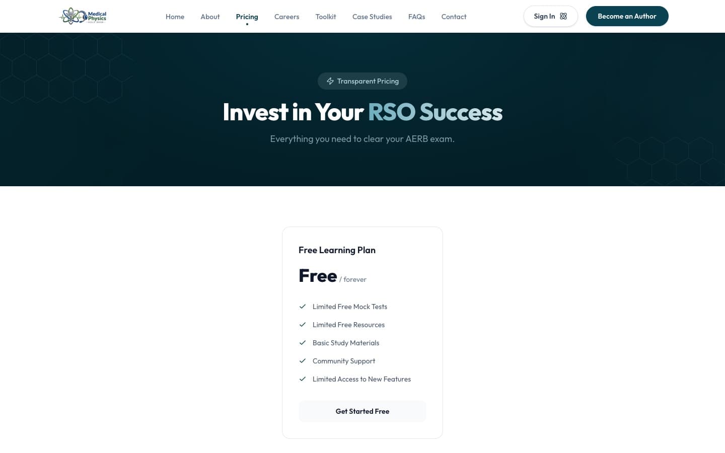 Pricing page with the free learning plan