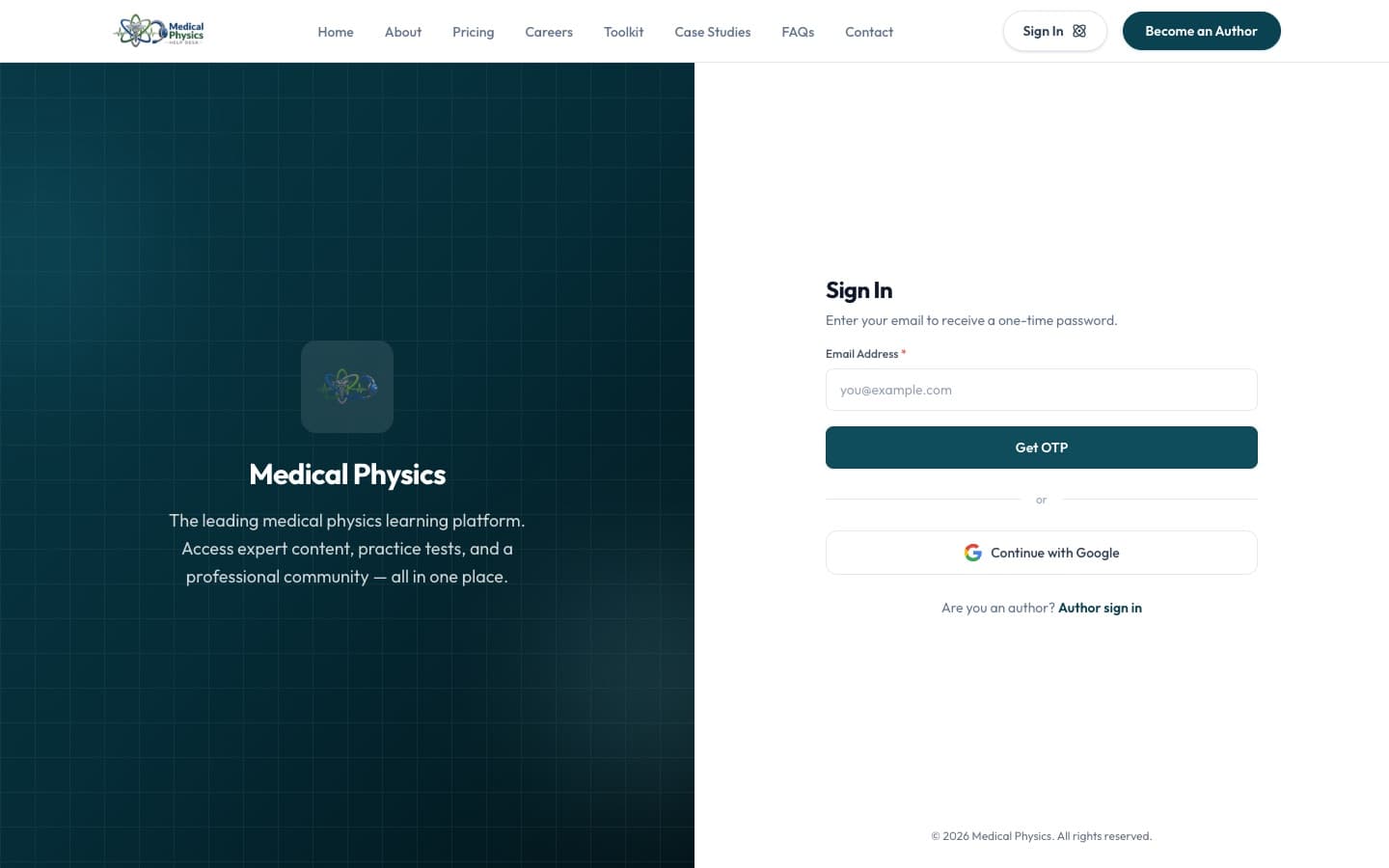Sign-in page with email one-time password and Google sign-in