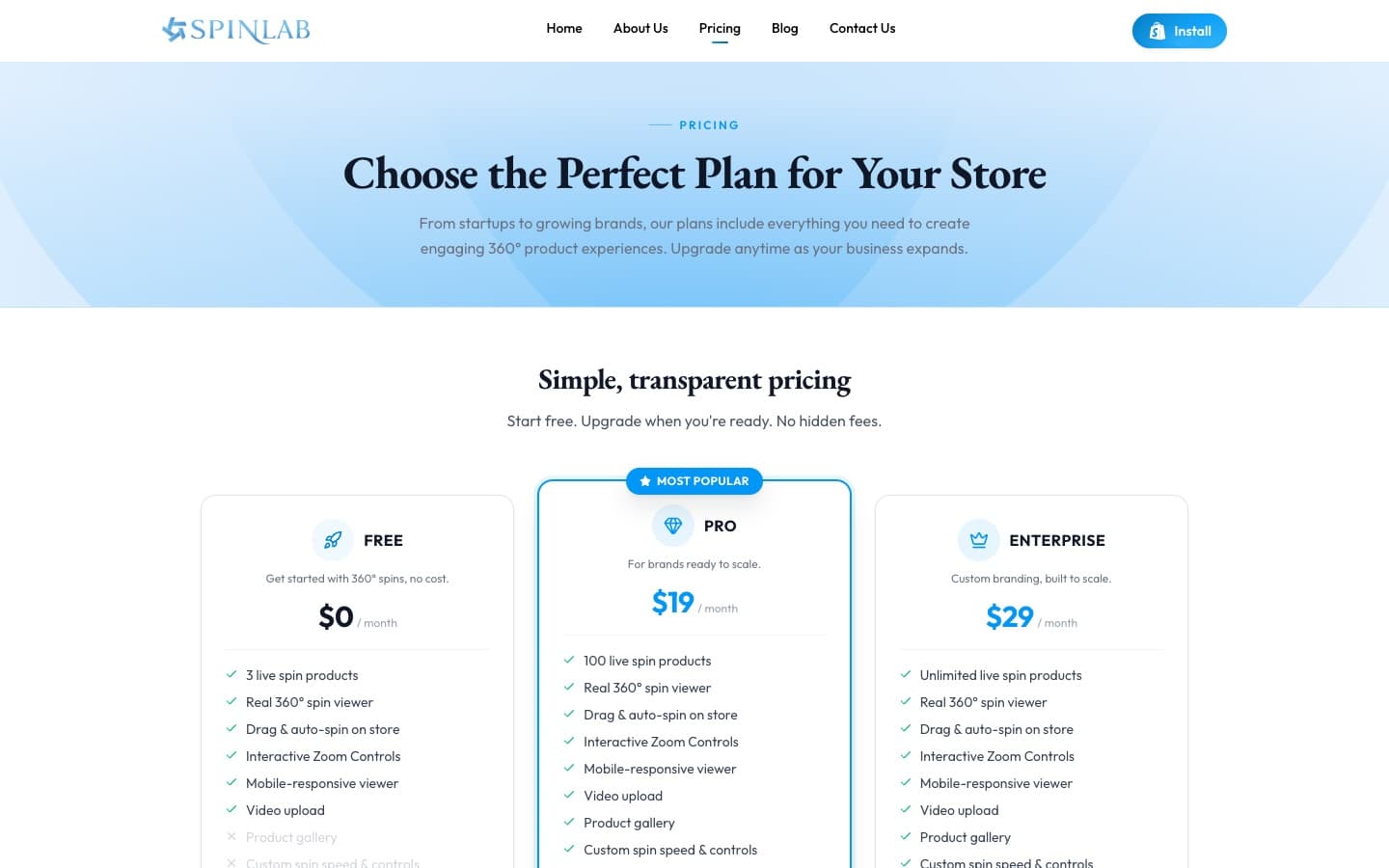 SpinLab pricing page with Free, Pro, and Enterprise plans