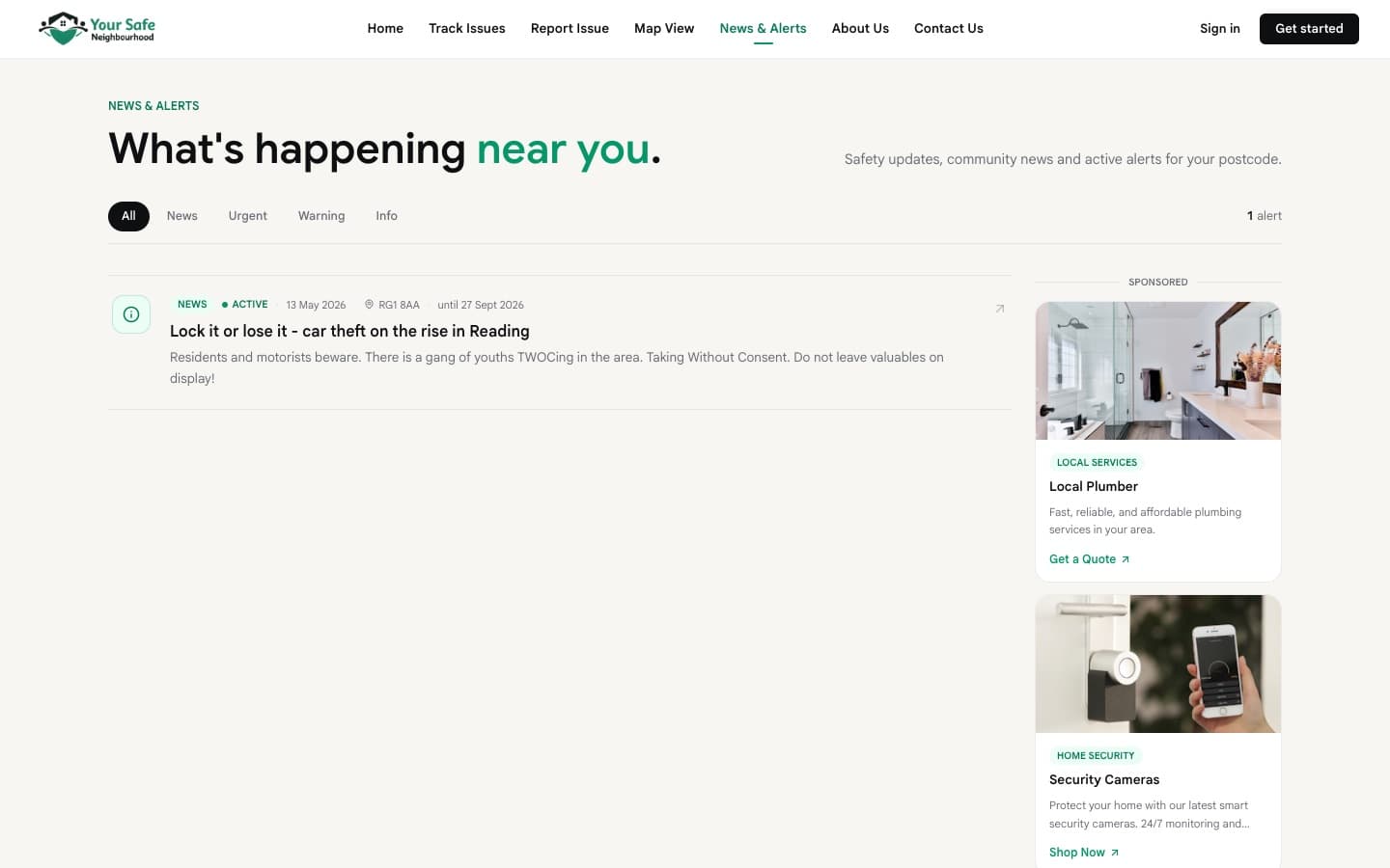 News and alerts page filtered by urgency