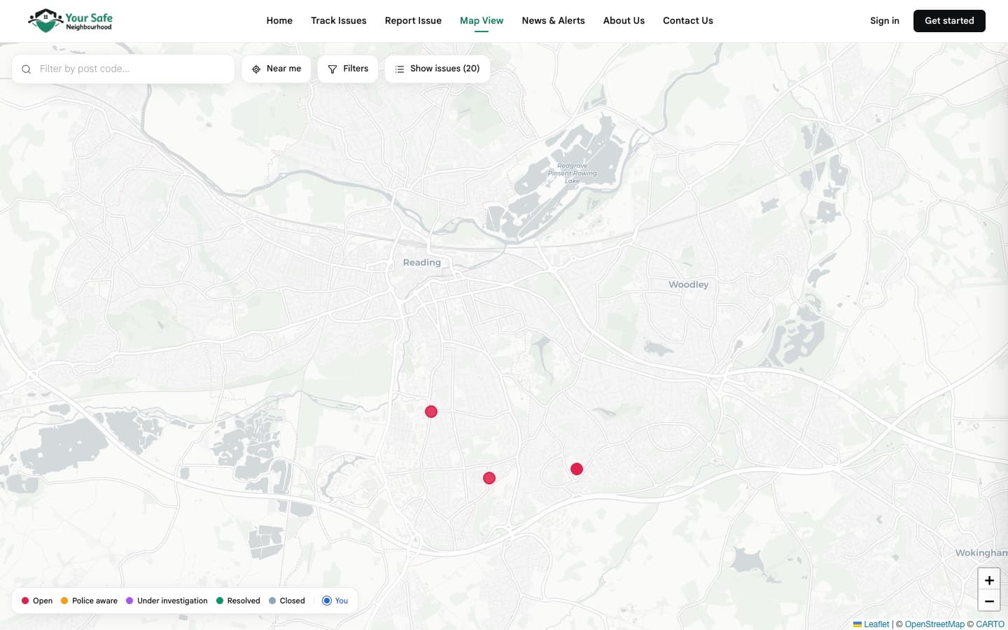 Map view showing reported issues around Reading