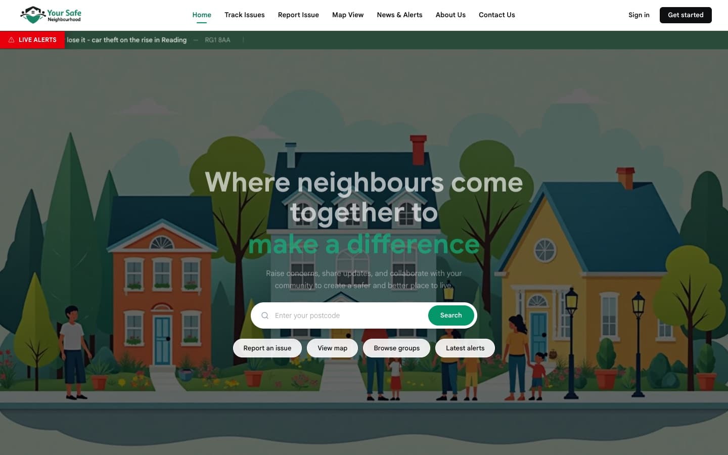 Your Safe Neighbourhood homepage with postcode search and live alerts
